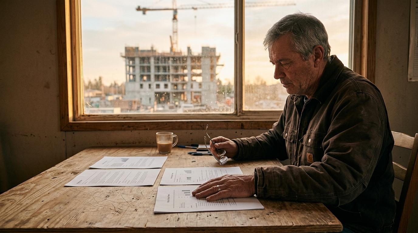 A contractor comparing recruiting firm proposals at a job site table