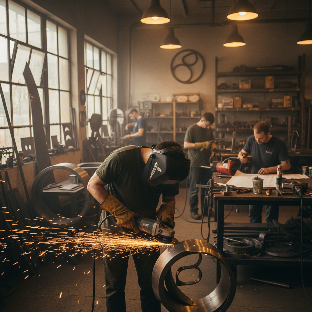 Fabricator grinding metal with sparks flying in a manufacturing shop
