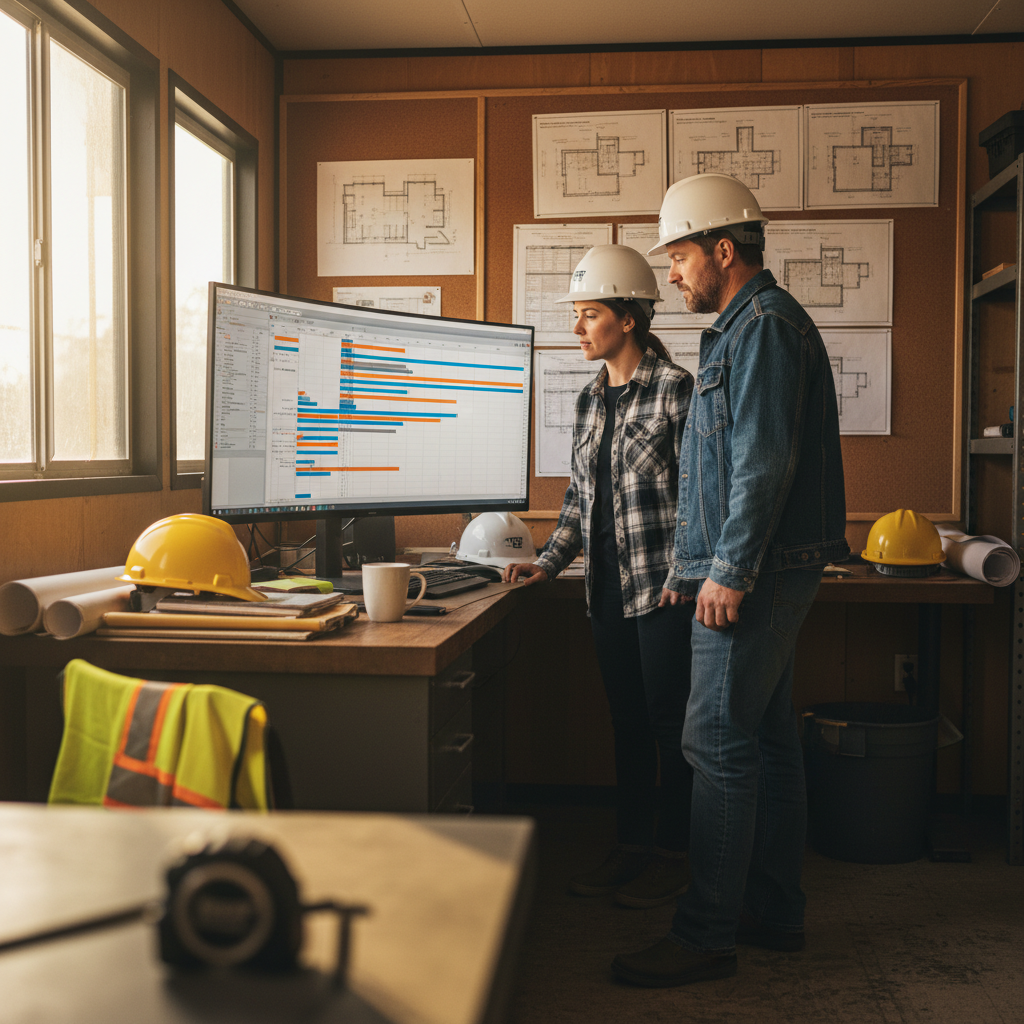 Construction professionals reviewing project plans at a table with hard hats and blueprints