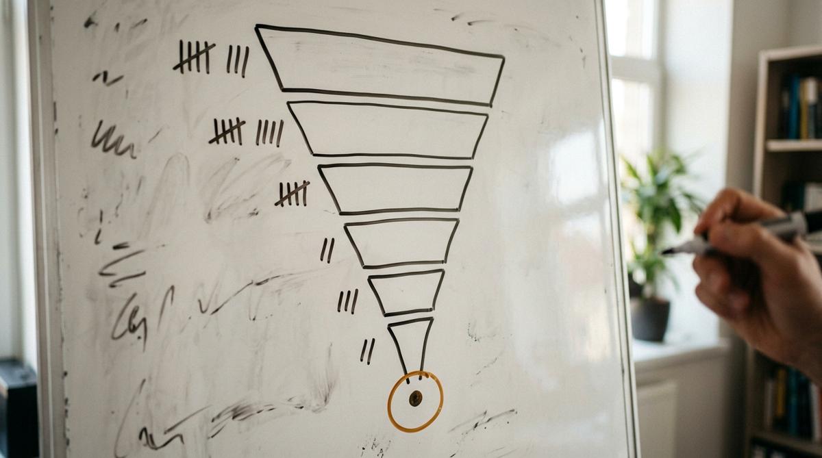 A hand-drawn whiteboard funnel narrowing through six stages to a single circled hire