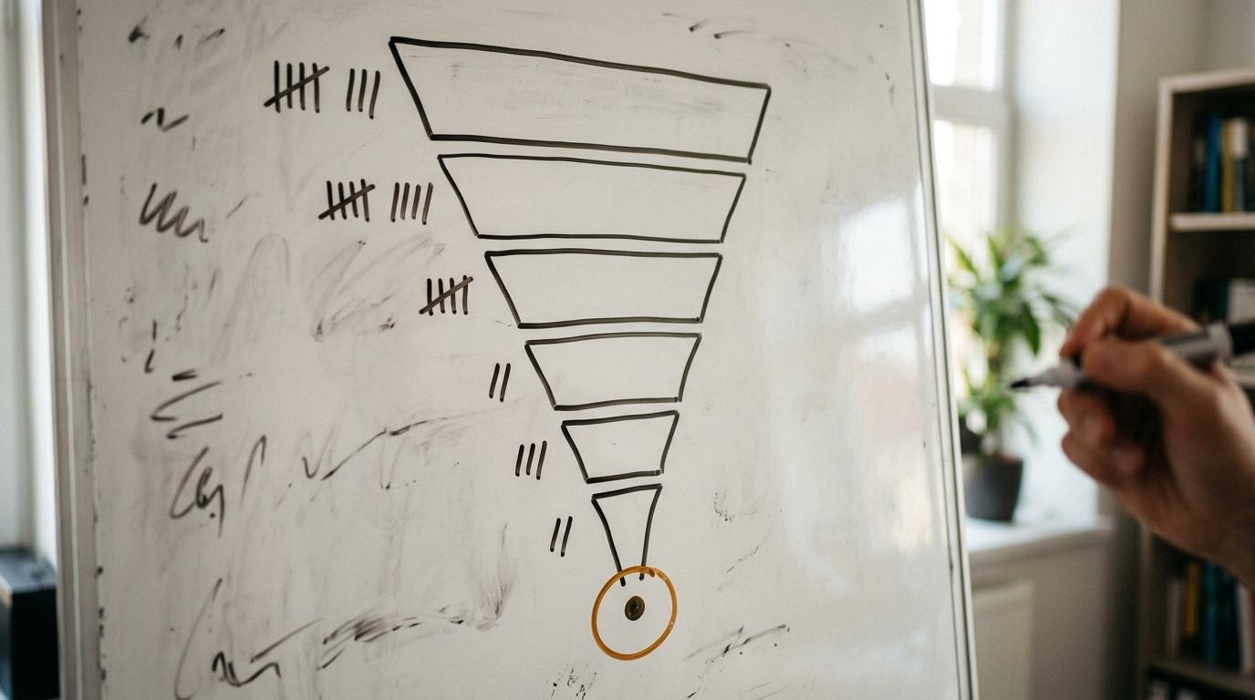 A hand-drawn whiteboard funnel narrowing through six stages to a single circled hire