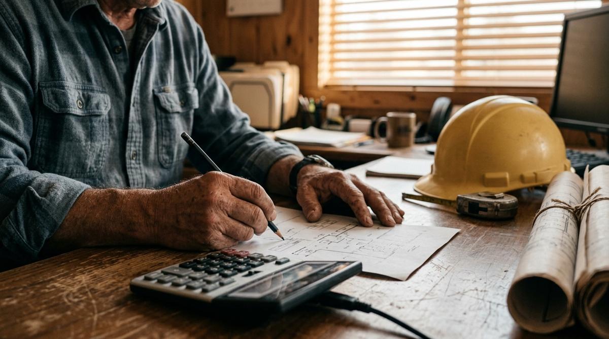 A construction owner running fee math with a pencil and calculator, plain hard hat and rolled drawings on the desk