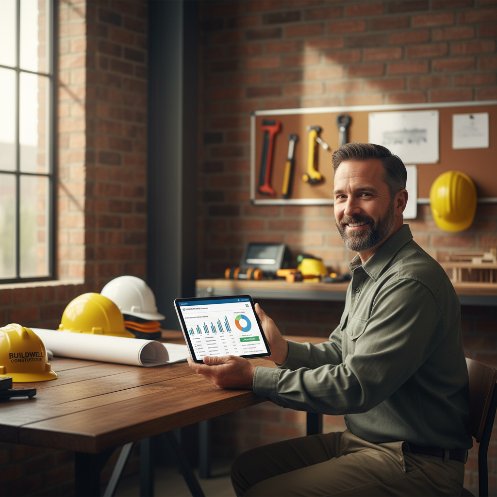 Construction company owner reviewing a hiring dashboard on a tablet