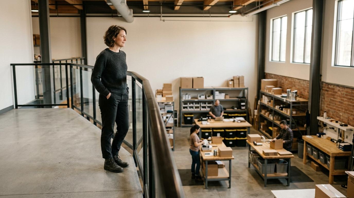 A small business owner overlooking her company's operations floor from the office mezzanine