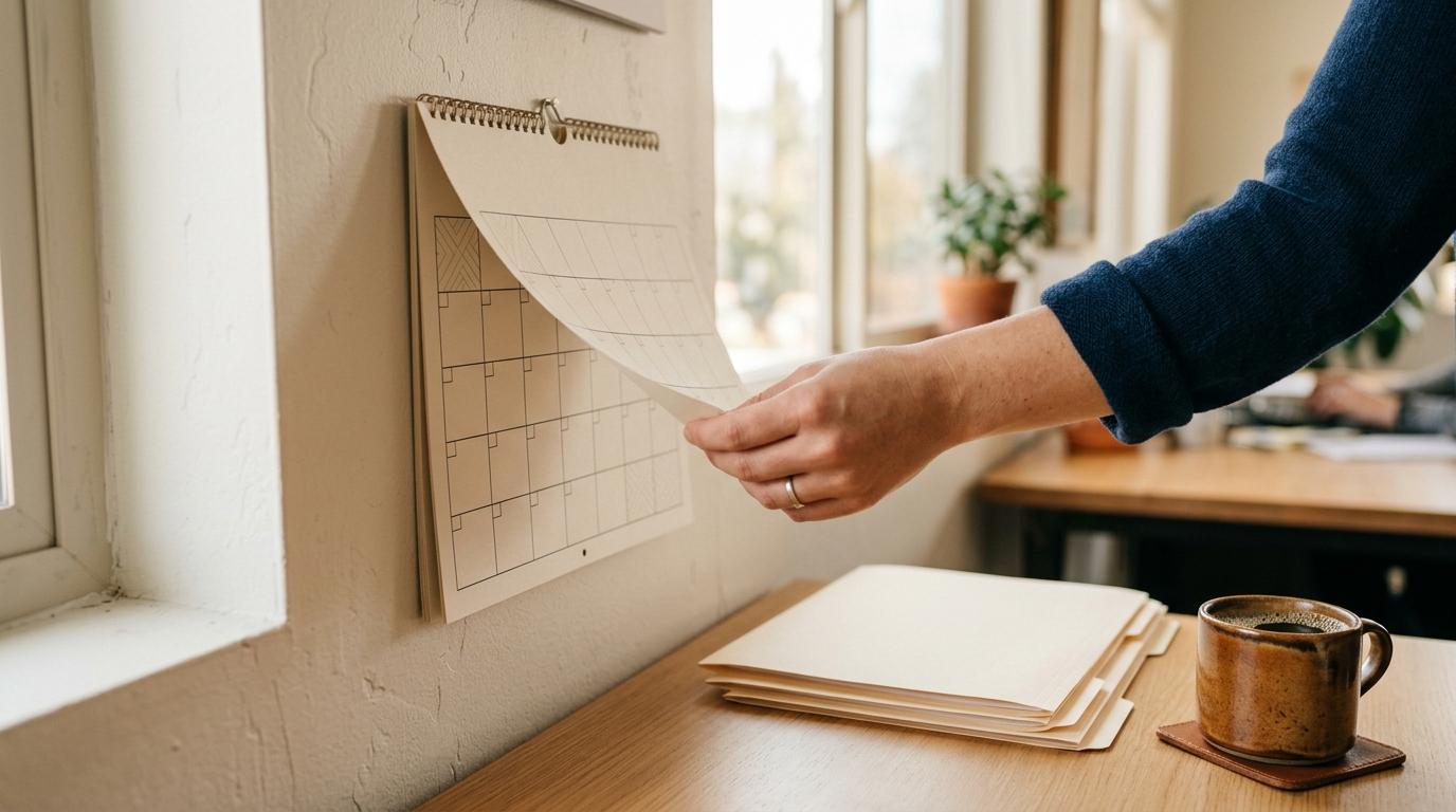 A hand turning a wall calendar page beside a stack of candidate folders and a coffee mug