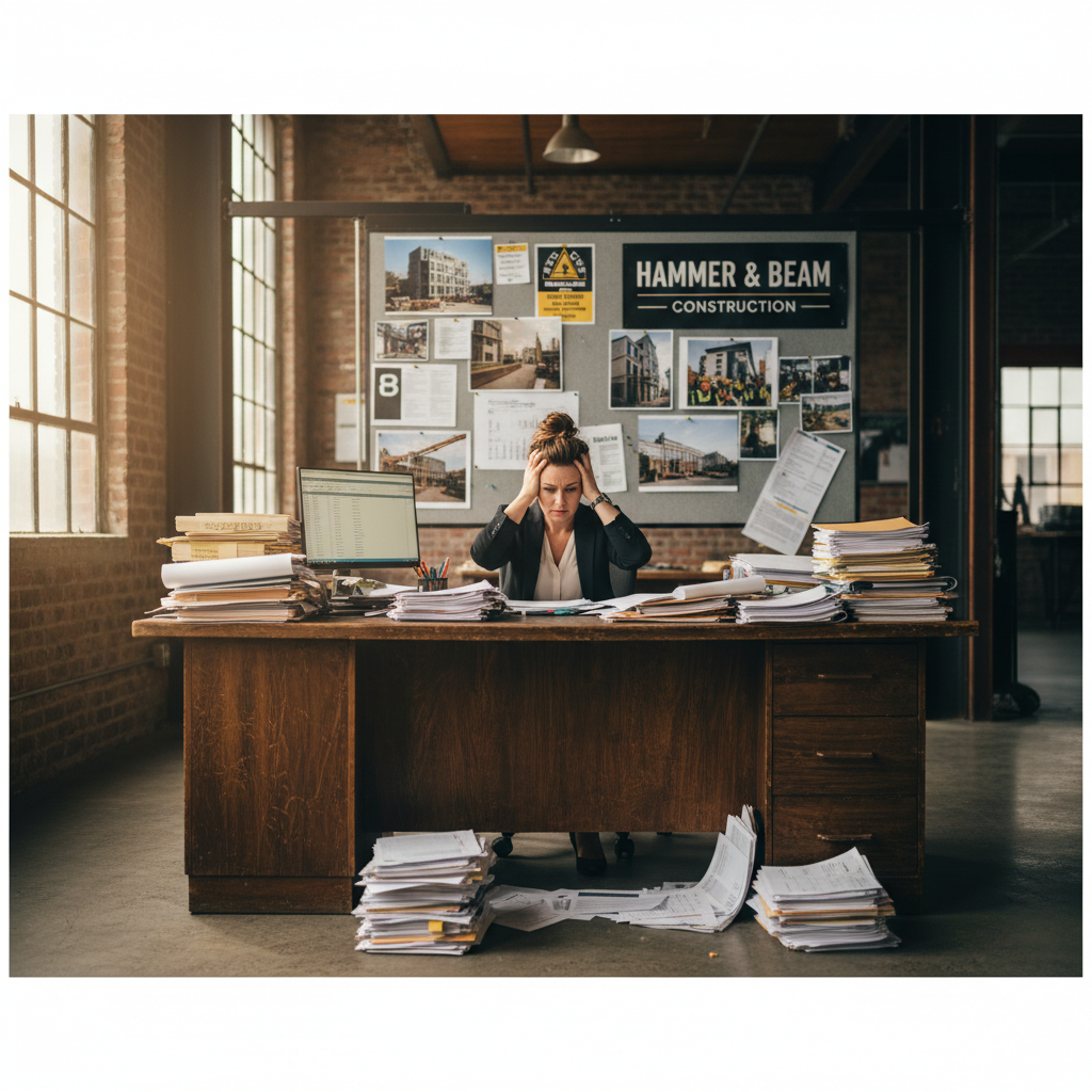 Overwhelmed construction office manager buried in paperwork at her desk