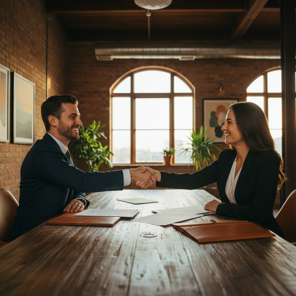 Two professionals shaking hands across a table after signing an offer
