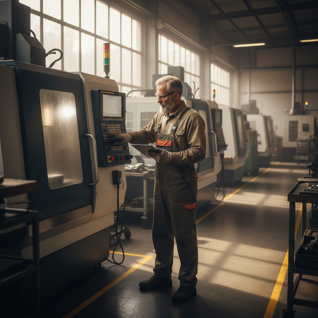 Experienced machinist operating CNC controls on a manufacturing shop floor