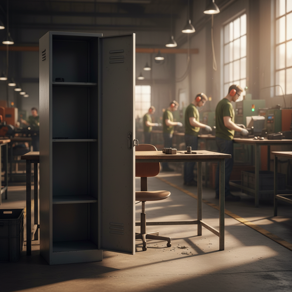 Empty employee locker and workstation on a manufacturing floor