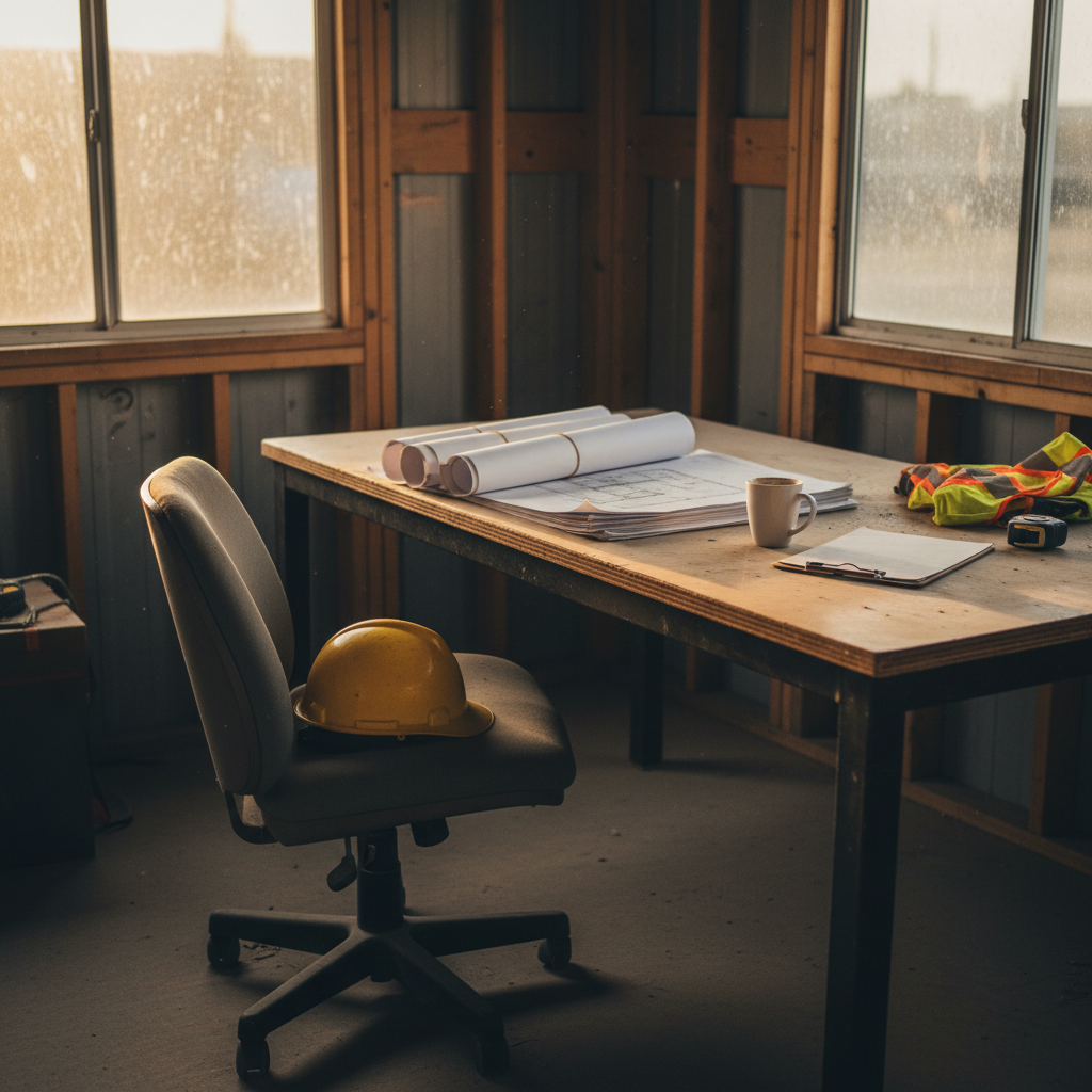 Empty desk in a construction site trailer with blueprints and a hard hat