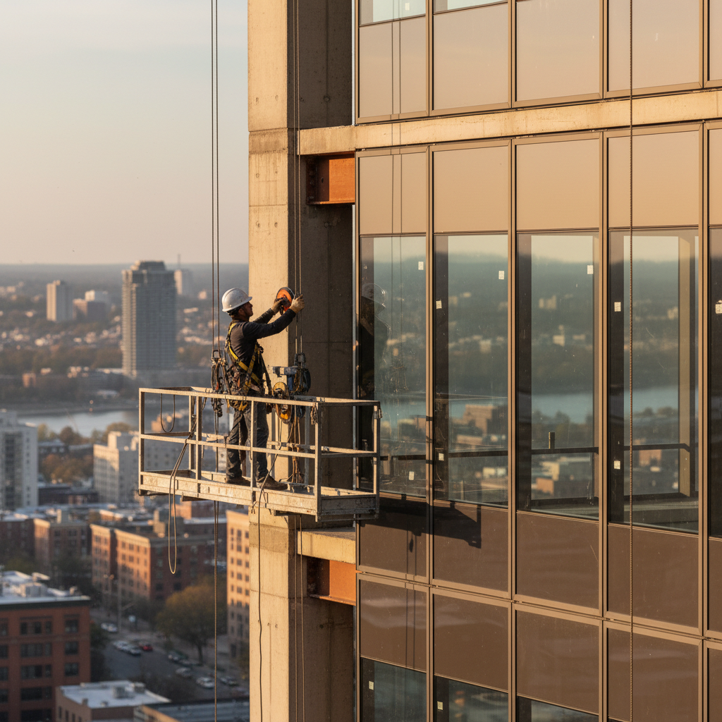 Modern glass curtain wall facade reflecting the sky on a commercial building