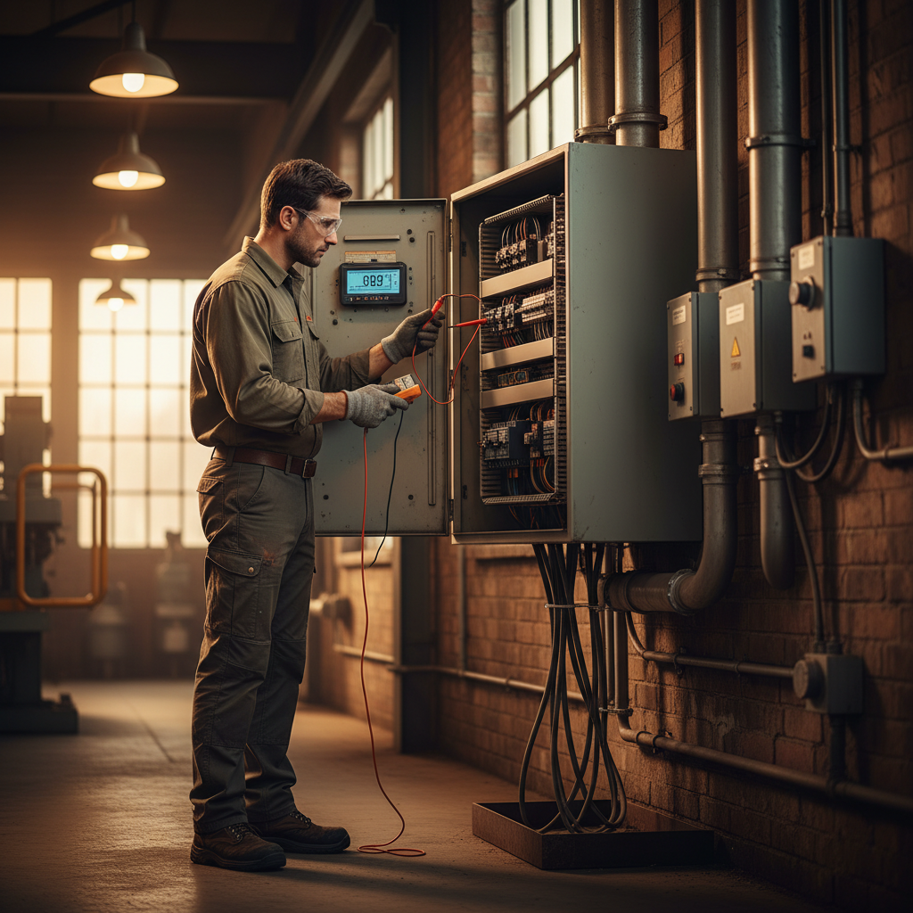 Electrical panel with organized wiring and circuit breakers in a commercial building