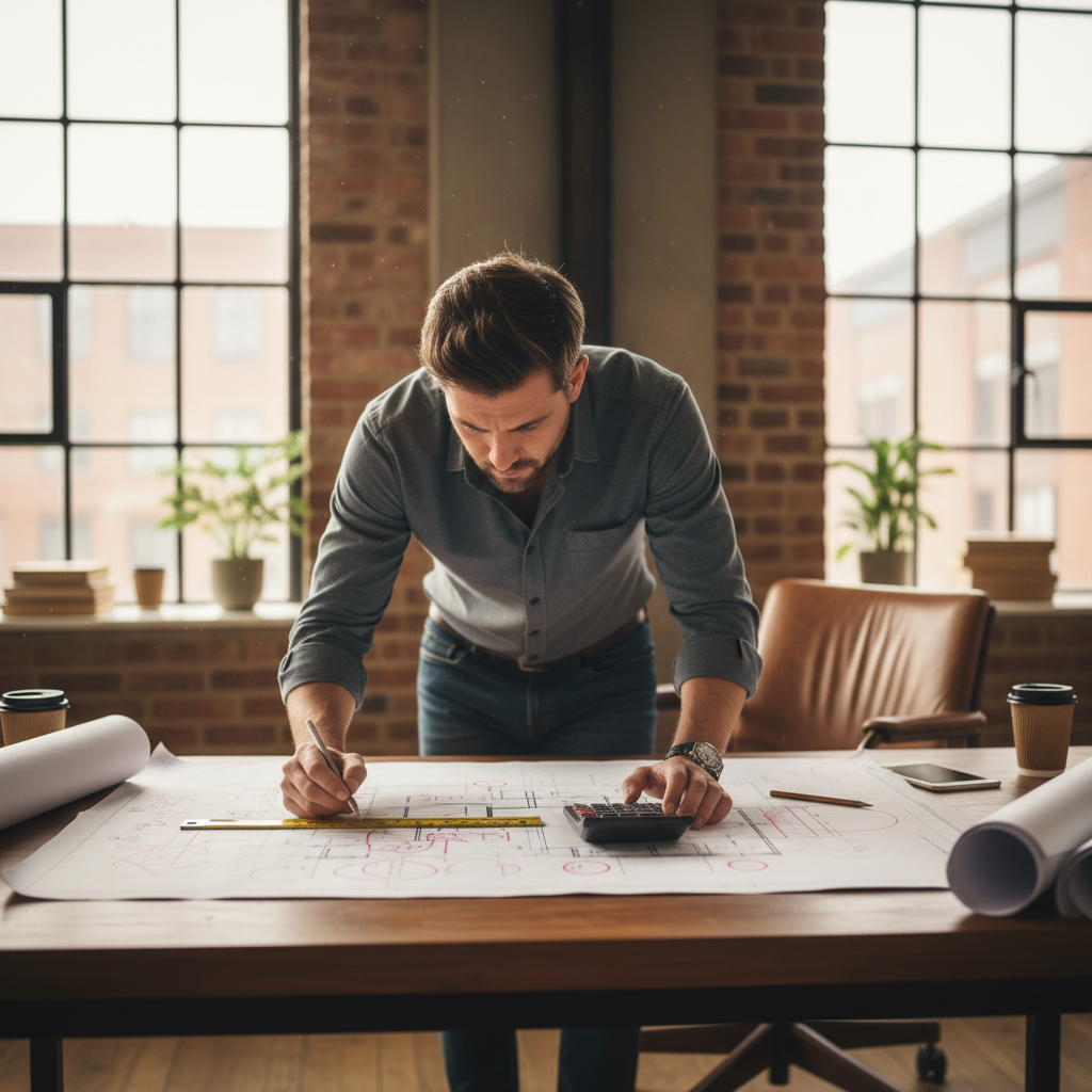 Architectural blueprints and construction plans spread across a desk