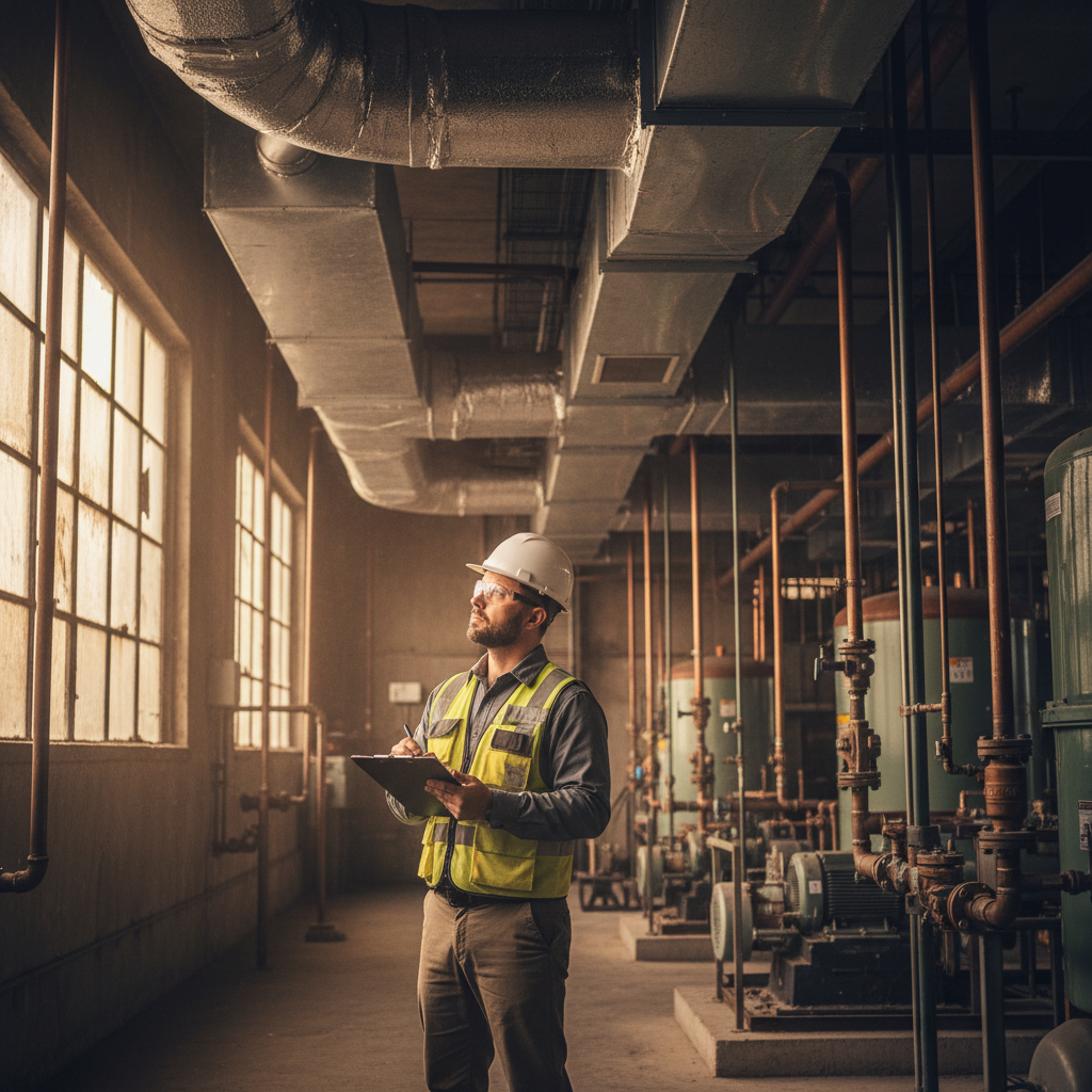 Industrial HVAC system with large ductwork and mechanical piping in a commercial building