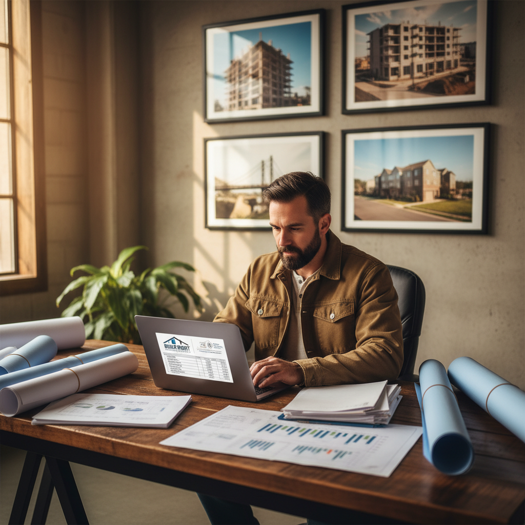 Architectural blueprints and construction plans spread across a desk