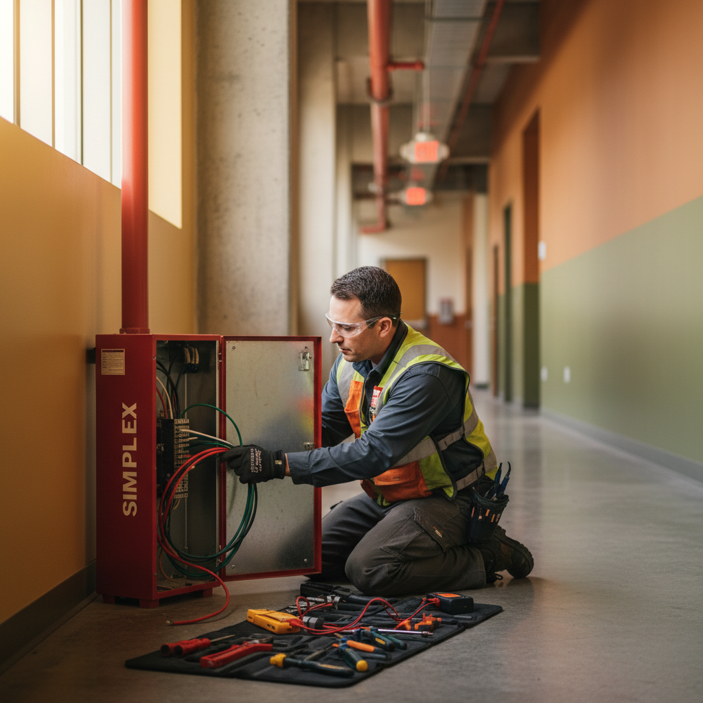 Technician working on electrical wiring and control panel in a commercial building