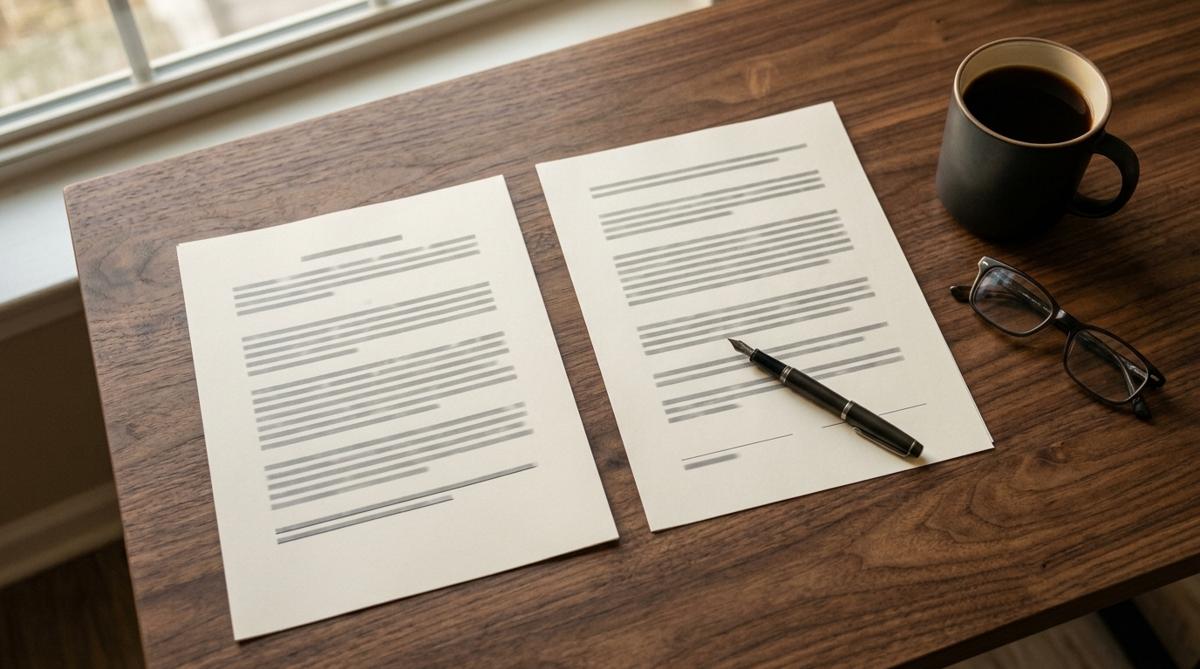Two recruiting service agreements side by side on a desk with a fountain pen and reading glasses