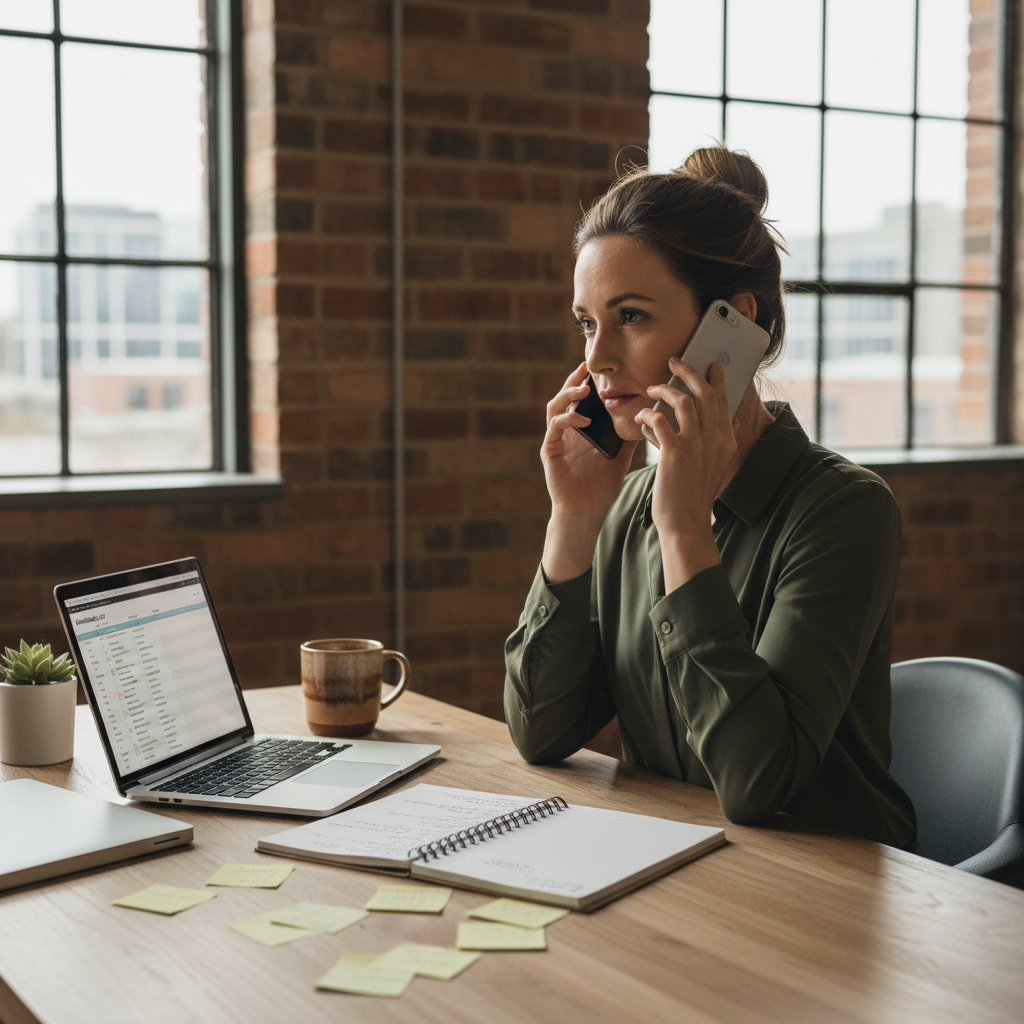 Recruiter on the phone at her desk with a candidate list on her laptop