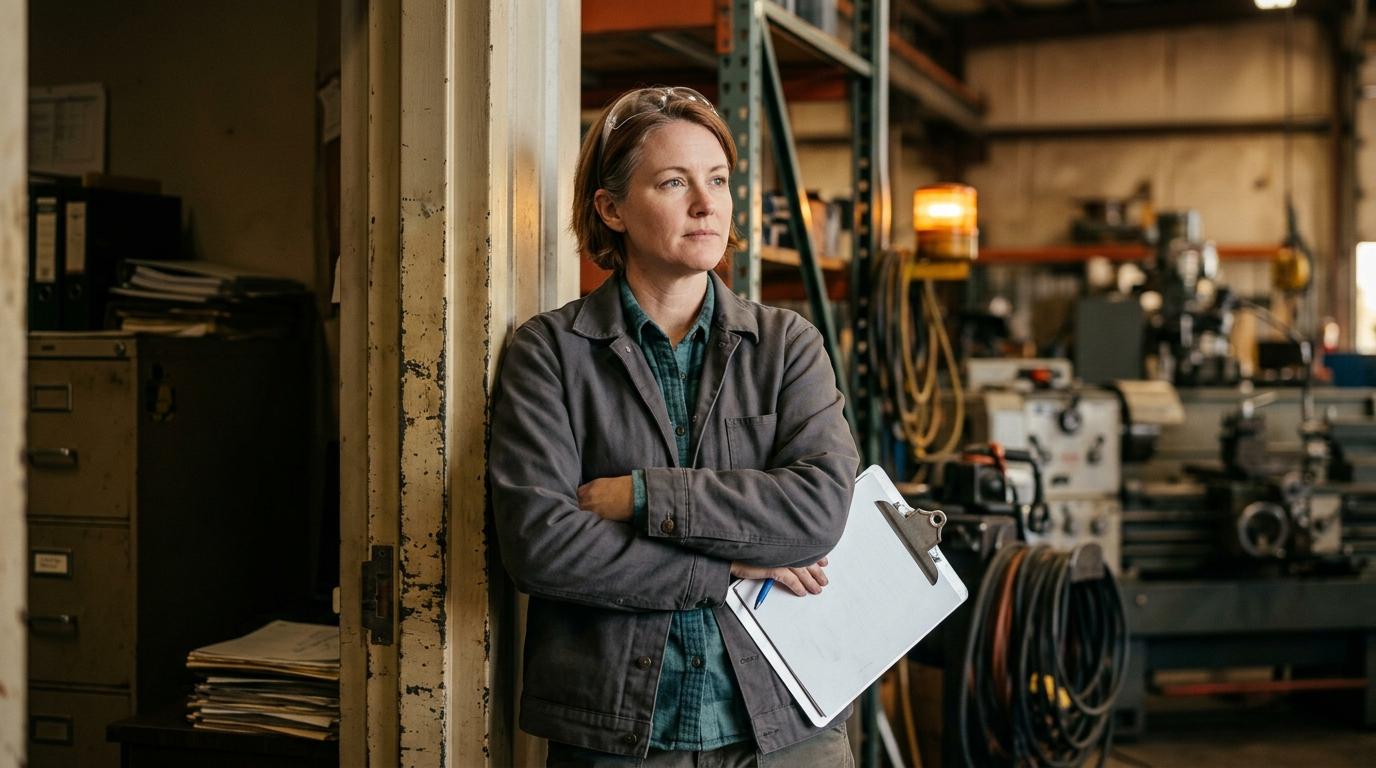 A manufacturing company owner weighing a decision at her shop-floor doorway, clipboard under one arm