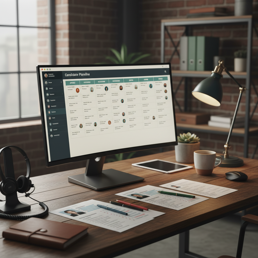 Recruiter's desk with a candidate pipeline dashboard and resumes laid out