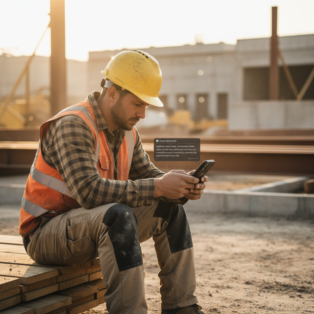 Construction worker checking a message on his phone during a break