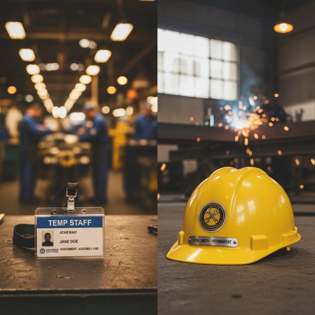 Split image of a temporary staff badge and a permanent employee's hard hat