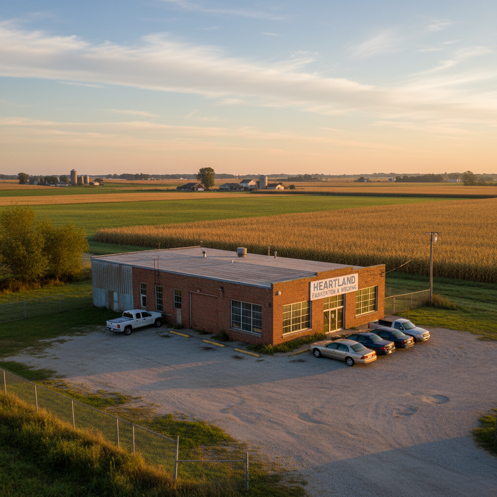 Aerial view of a manufacturing plant surrounded by farmland