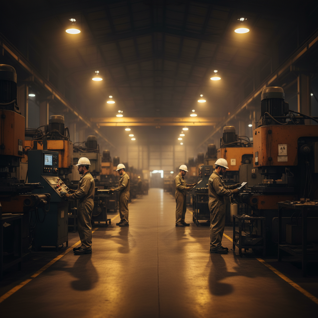 Workers in hard hats operating machines in a dim manufacturing plant
