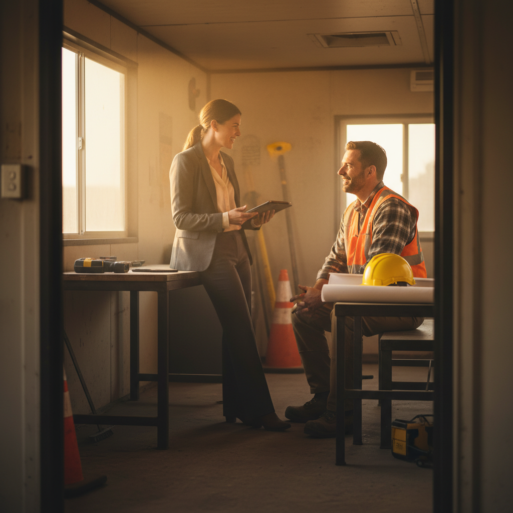 Construction superintendent reviewing blueprints on site