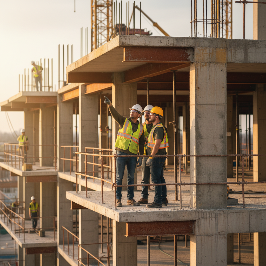 Construction crew standing together on a job site wearing hard hats and safety vests