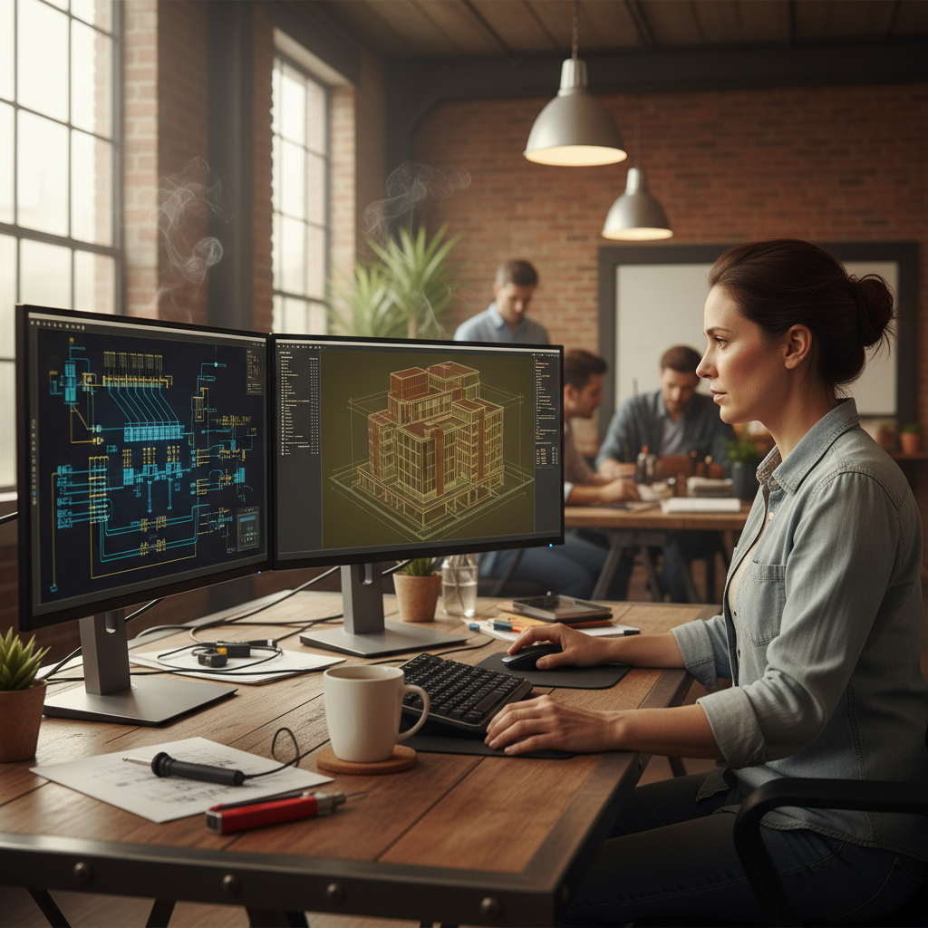 Engineer working on technical CAD drawings at a workstation with multiple monitors