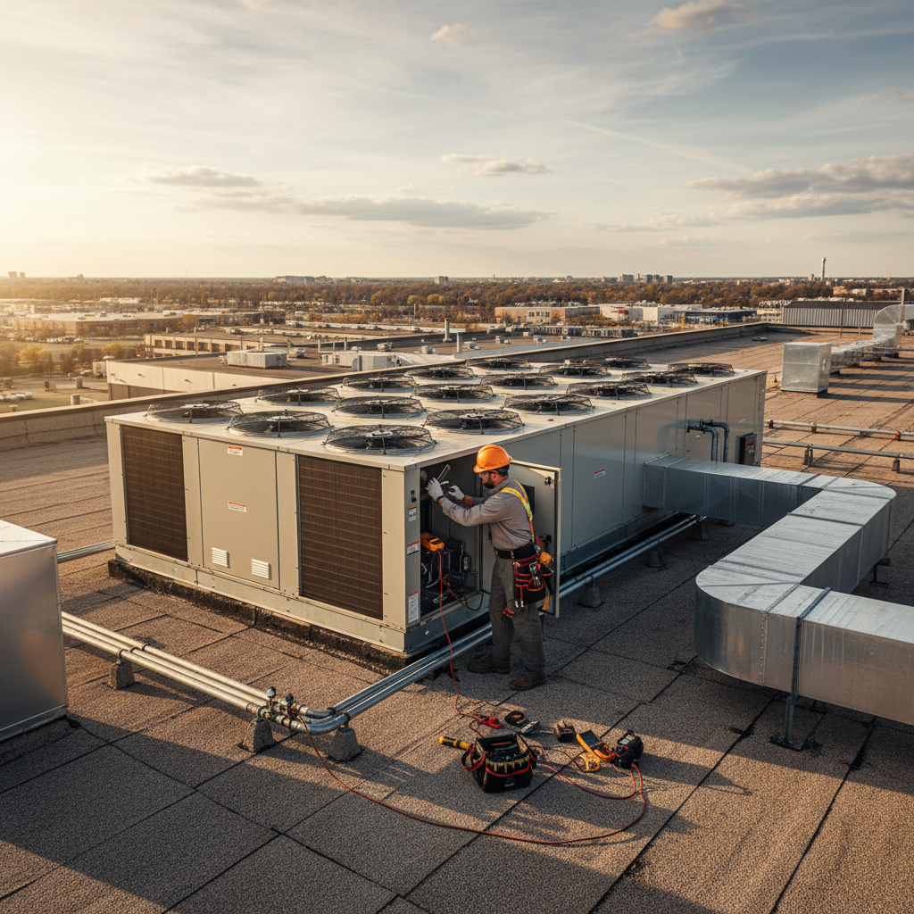 Rooftop commercial HVAC units with ductwork and mechanical systems on a building